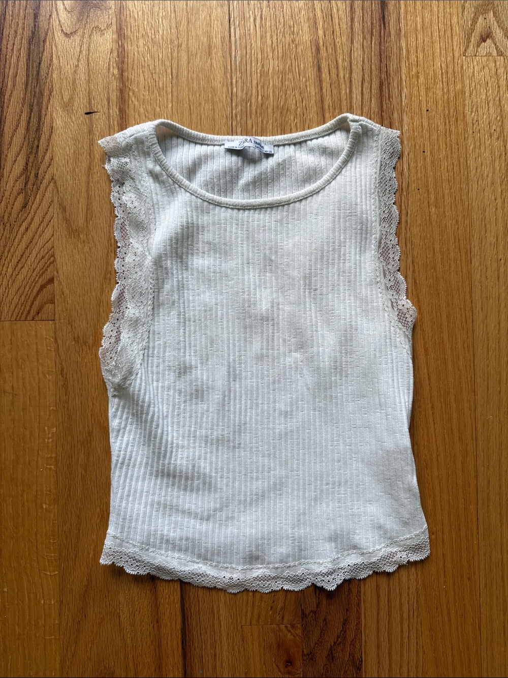 Zara White Ribbed Lace Trim Tank Top